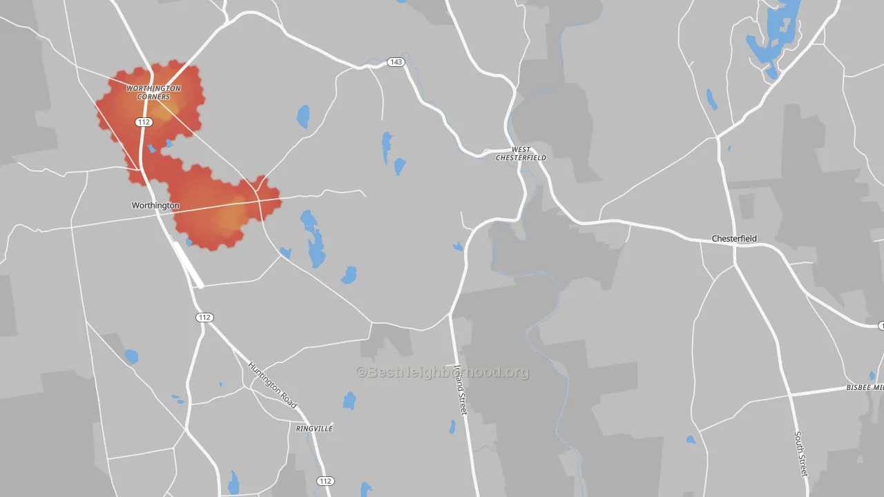 Walk Grade map of 01084, MA, walkable areas in green and car-dependent areas in red