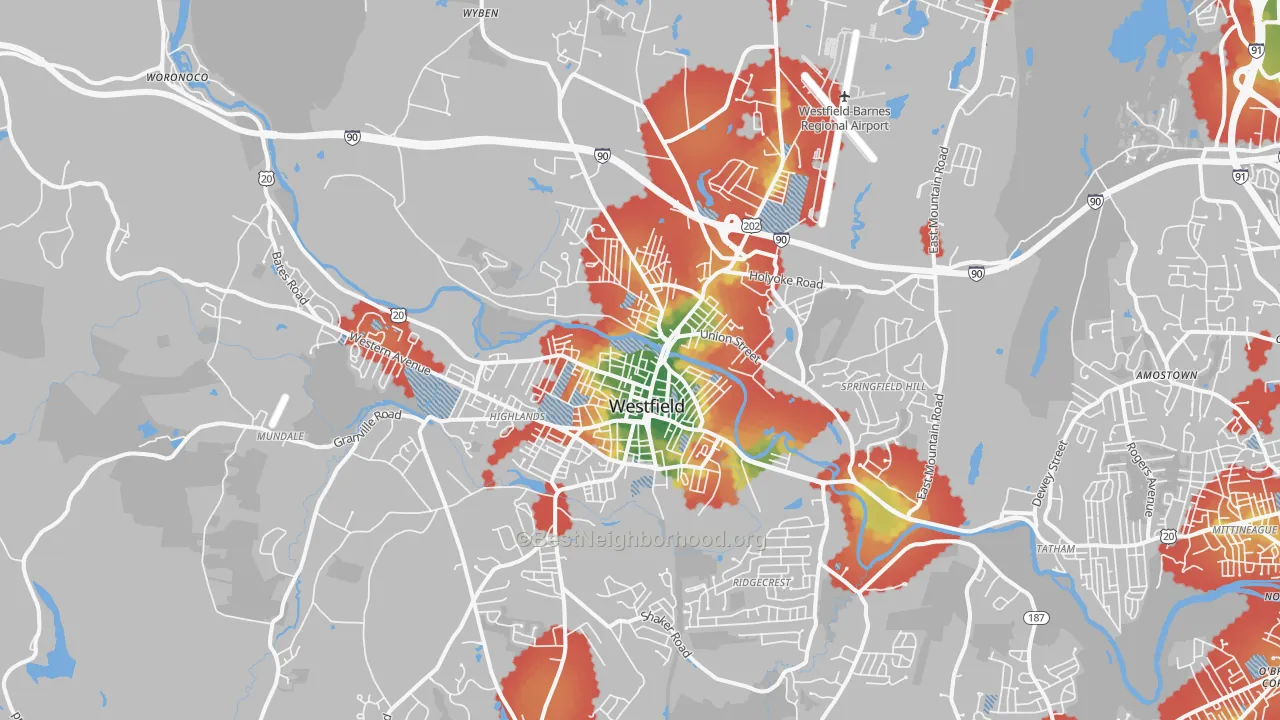 Walk Grade map of 01085, MA, walkable areas in green and car-dependent areas in red