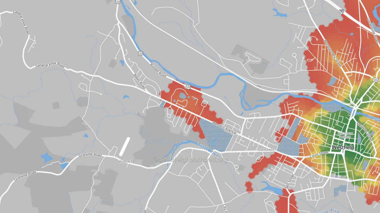 Walk Grade map of 01086, MA, walkable areas in green and car-dependent areas in red