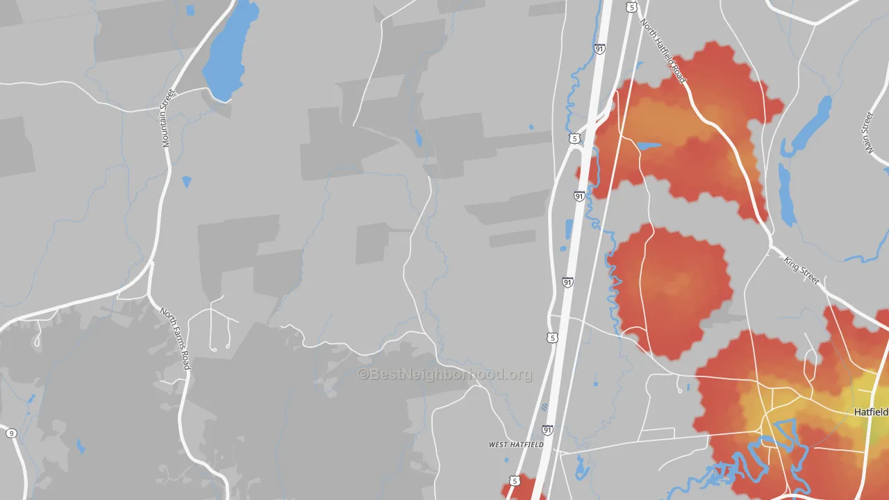 Walk Grade map of 01088, MA, walkable areas in green and car-dependent areas in red