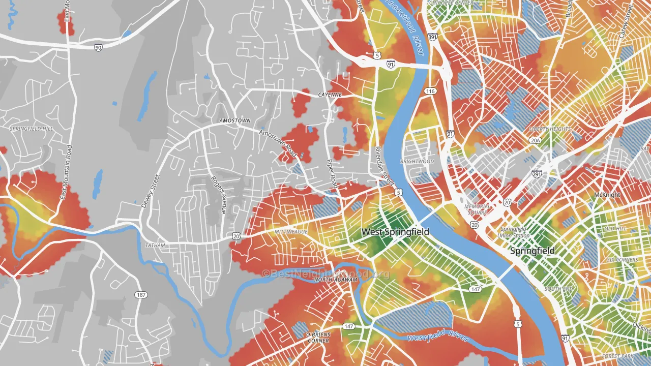 Walk Grade map of 01089, MA, walkable areas in green and car-dependent areas in red