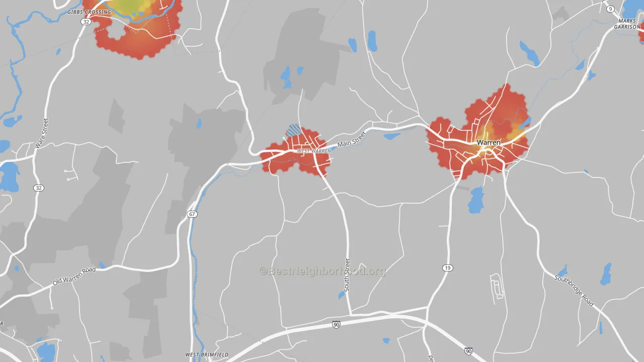 Walk Grade map of 01092, MA, walkable areas in green and car-dependent areas in red