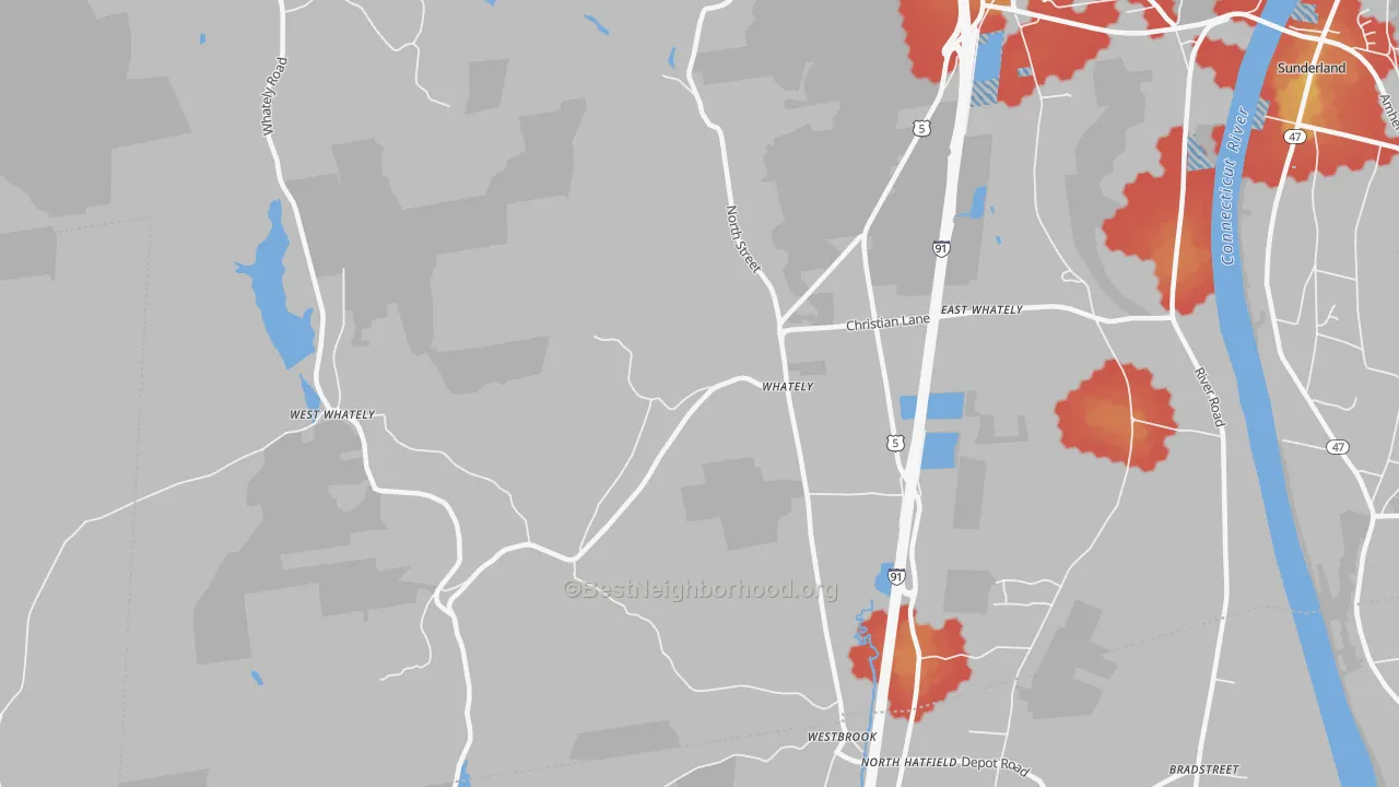 Walk Grade map of 01093, MA, walkable areas in green and car-dependent areas in red