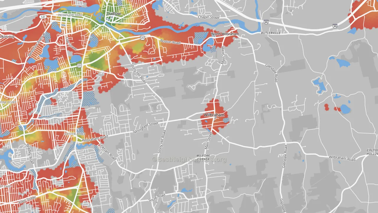 Walk Grade map of 01095, MA, walkable areas in green and car-dependent areas in red