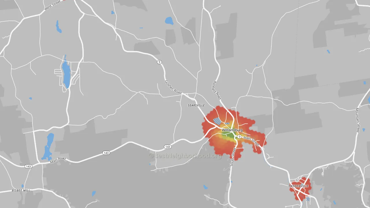 Walk Grade map of 01096, MA, walkable areas in green and car-dependent areas in red