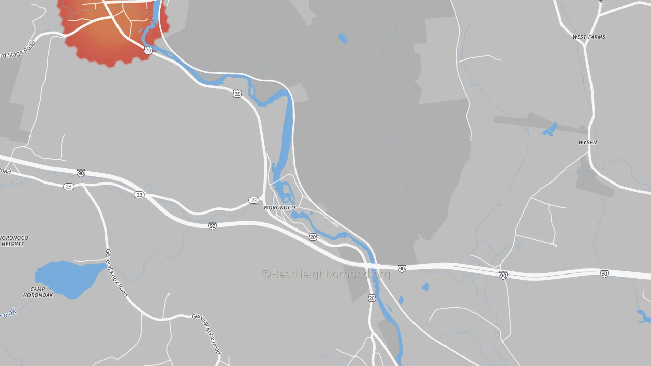 Walk Grade map of 01097, MA, walkable areas in green and car-dependent areas in red