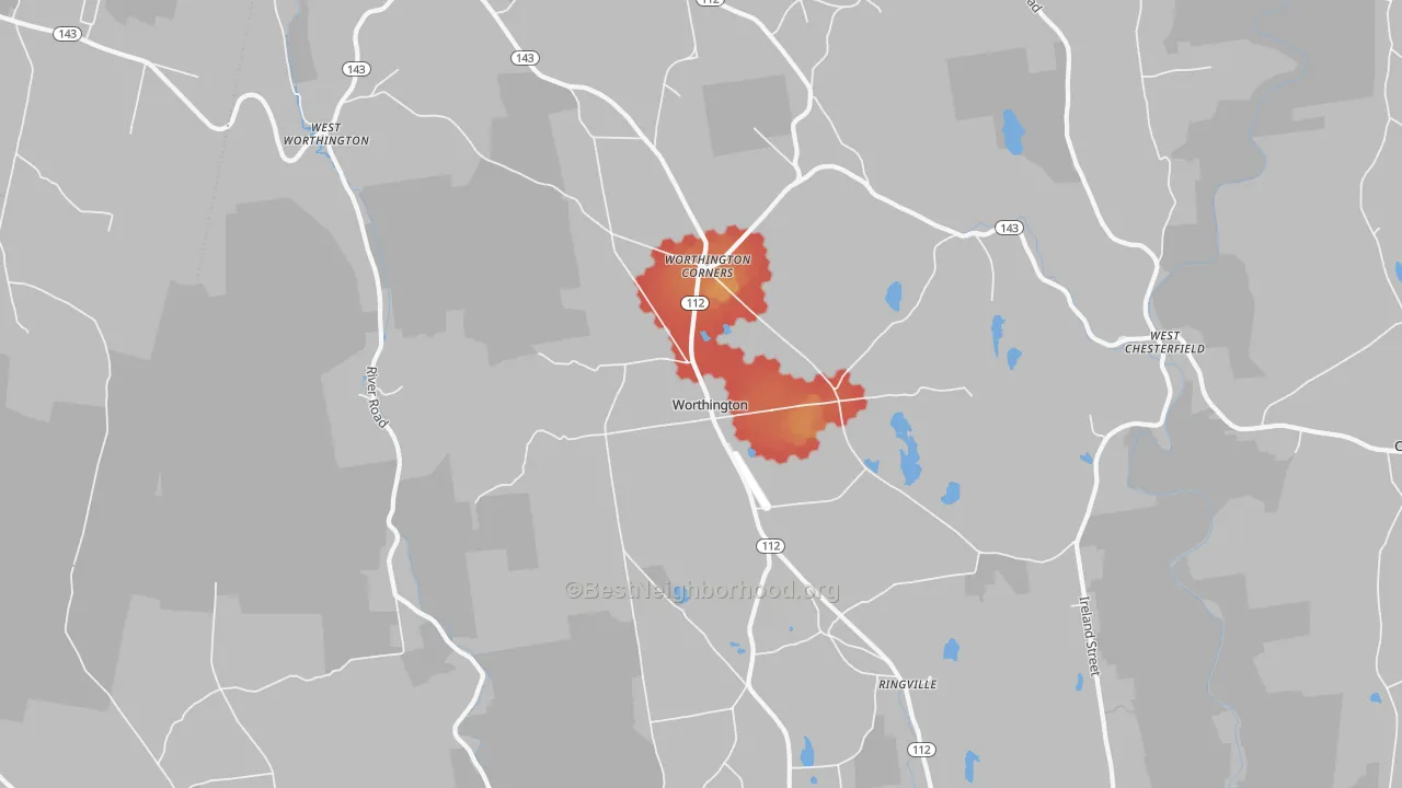 Walk Grade map of 01098, MA, walkable areas in green and car-dependent areas in red
