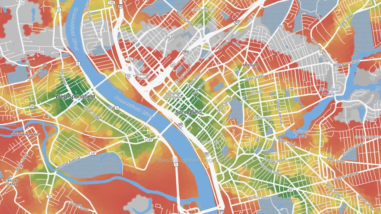 Walk Grade map of 01103, MA, walkable areas in green and car-dependent areas in red