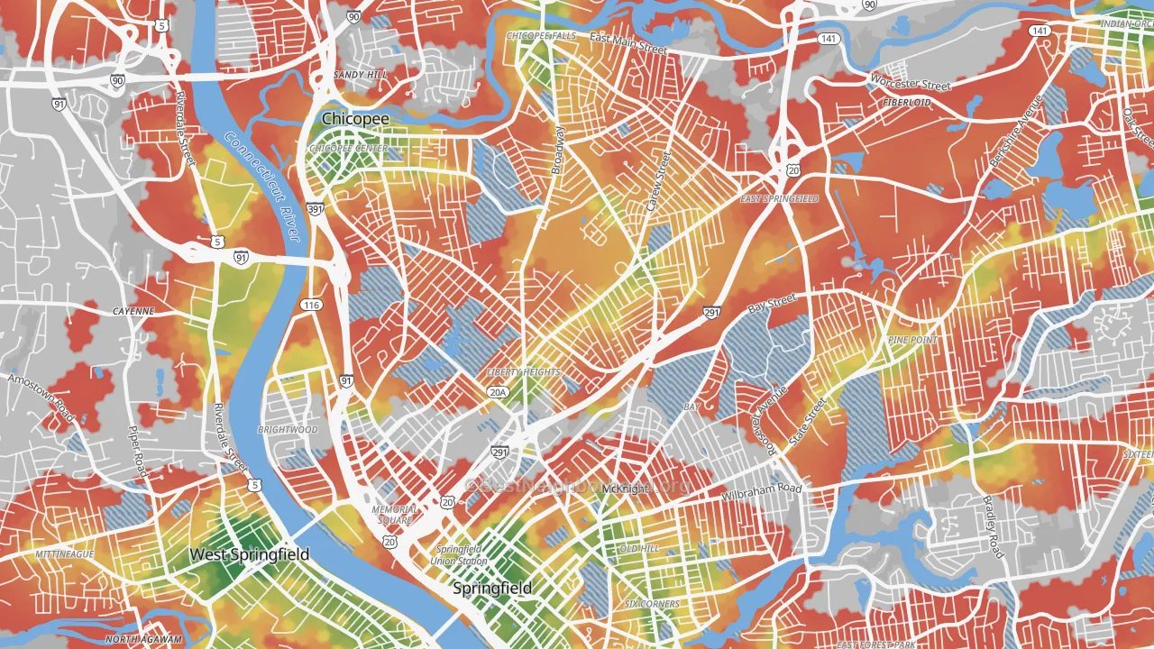 Walk Grade map of 01104, MA, walkable areas in green and car-dependent areas in red