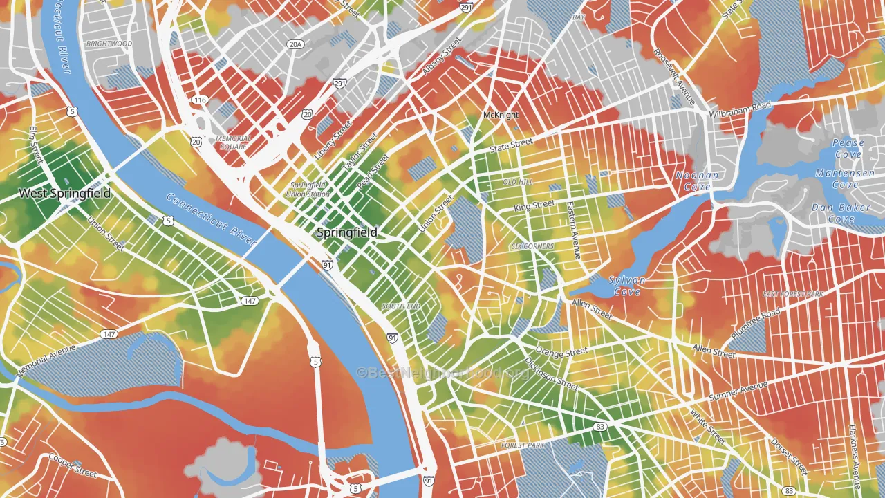 Walk Grade map of 01105, MA, walkable areas in green and car-dependent areas in red