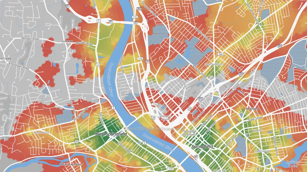 Walk Grade map of 01107, MA, walkable areas in green and car-dependent areas in red