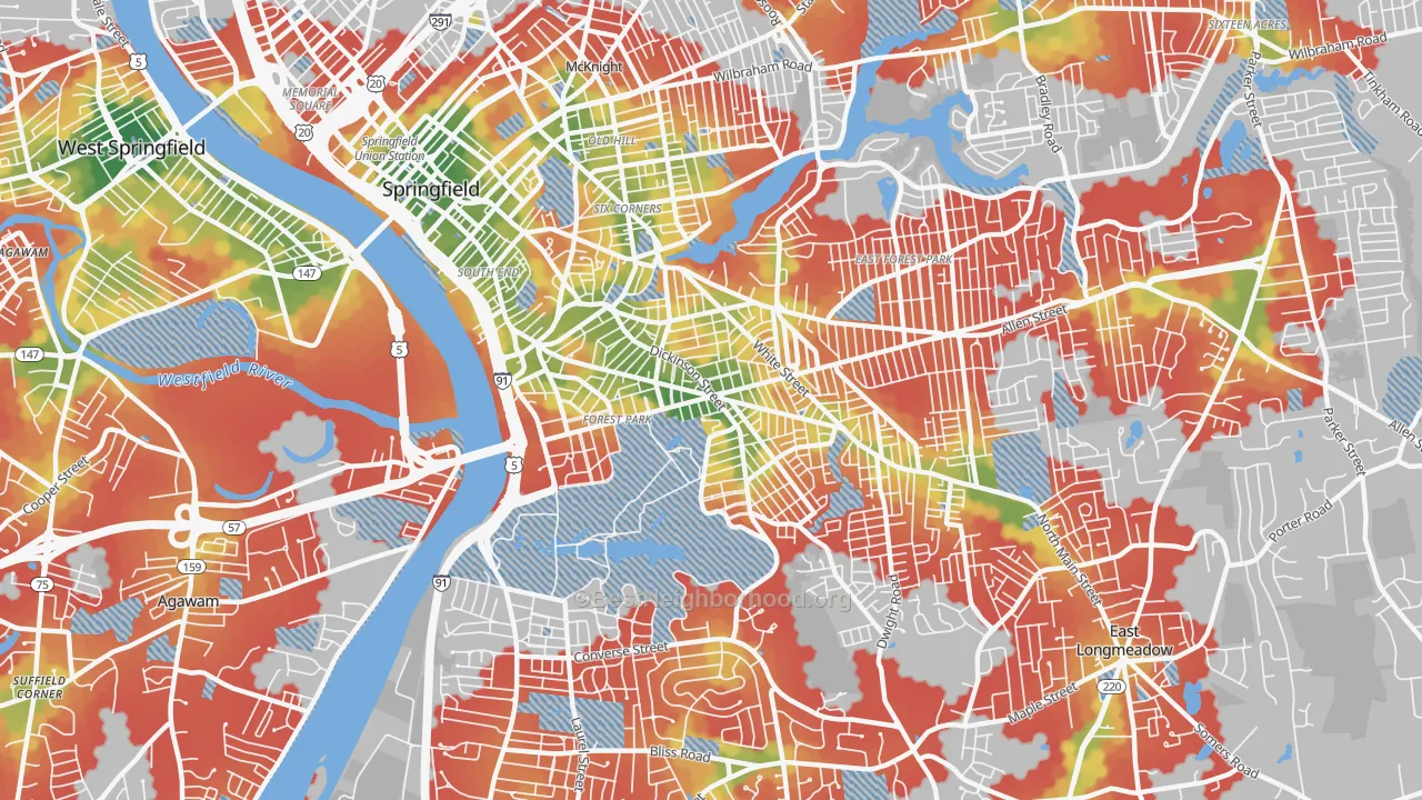 Walk Grade map of 01108, MA, walkable areas in green and car-dependent areas in red
