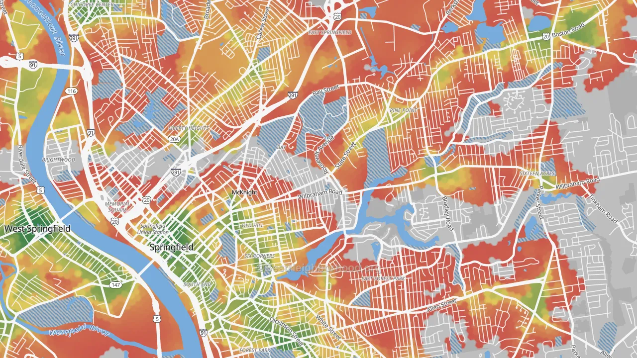 Walk Grade map of 01109, MA, walkable areas in green and car-dependent areas in red