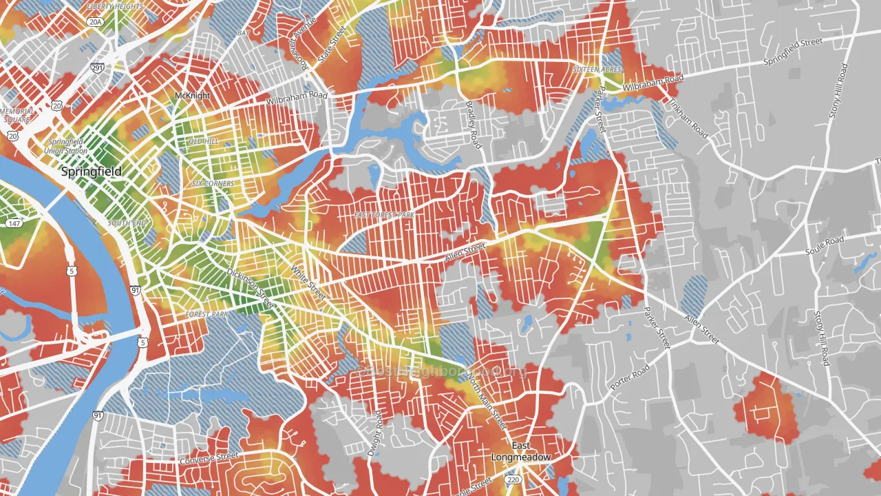 Walk Grade map of 01118, MA, walkable areas in green and car-dependent areas in red