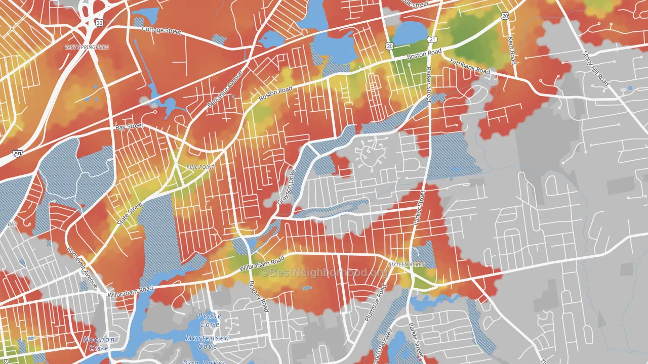 Walk Grade map of 01119, MA, walkable areas in green and car-dependent areas in red