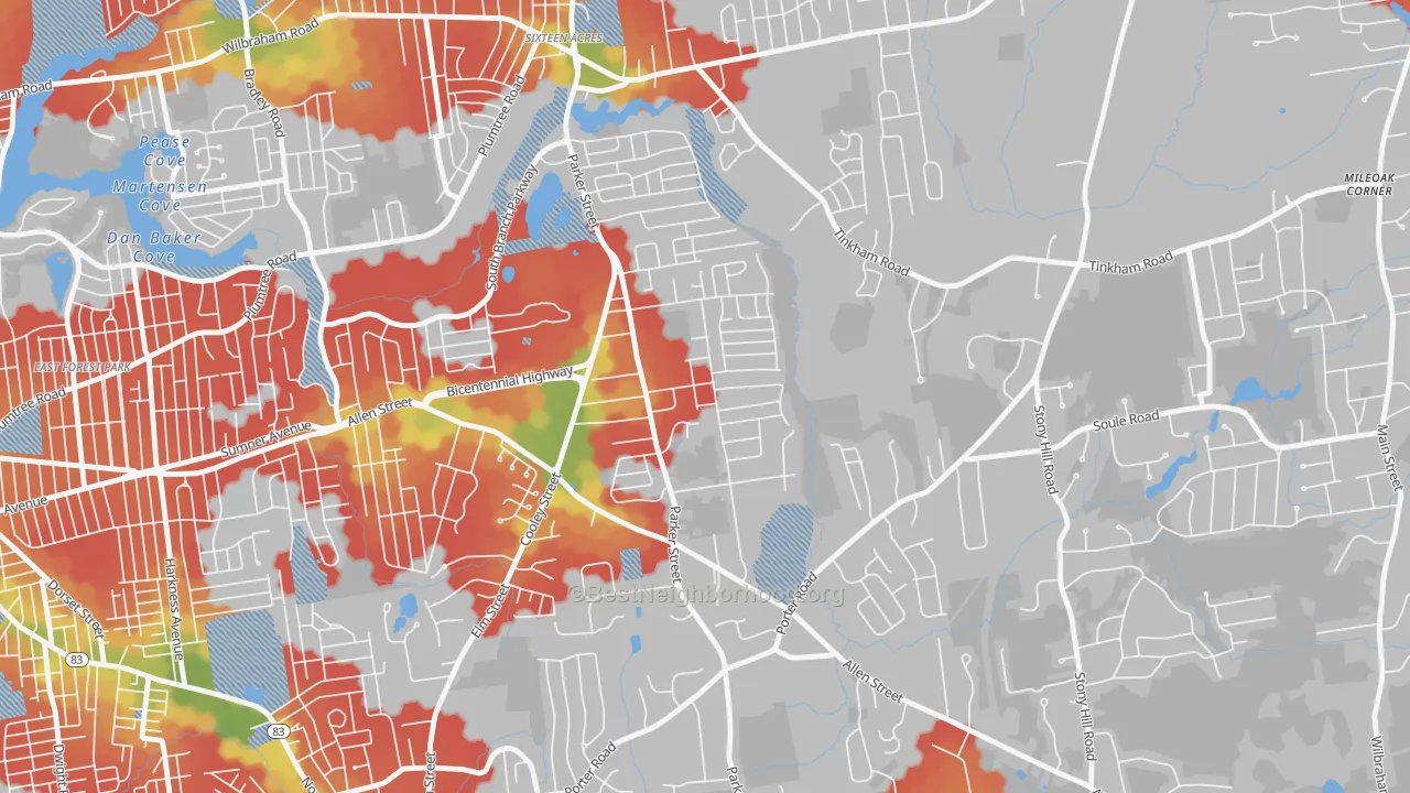 Walk Grade map of 01128, MA, walkable areas in green and car-dependent areas in red