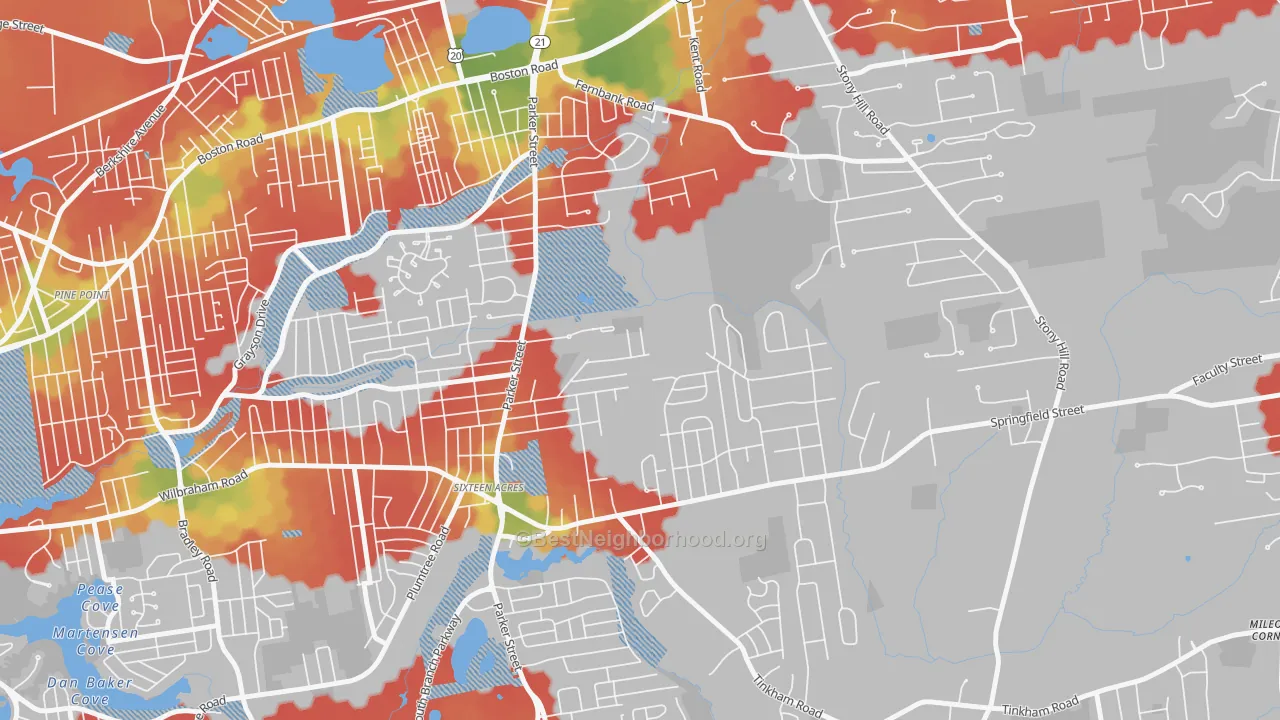Walk Grade map of 01129, MA, walkable areas in green and car-dependent areas in red