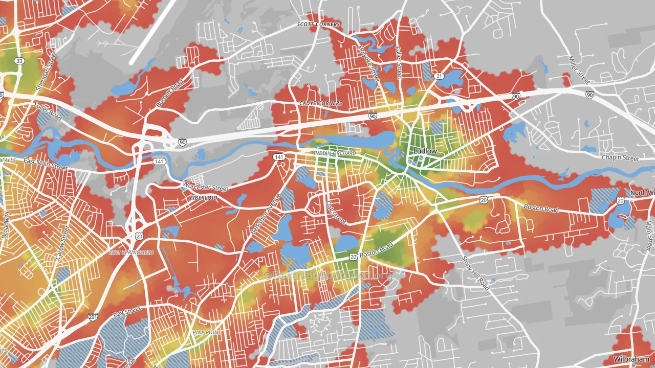 Walk Grade map of 01151, MA, walkable areas in green and car-dependent areas in red