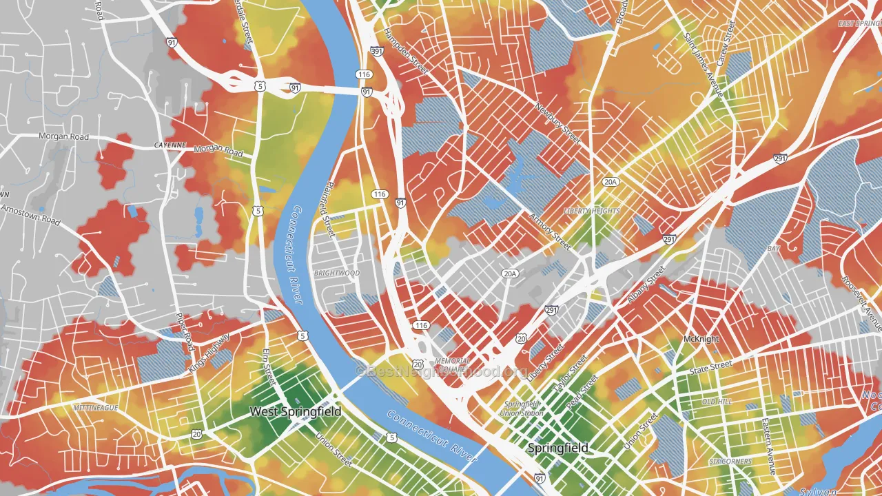 Walk Grade map of 01199, MA, walkable areas in green and car-dependent areas in red