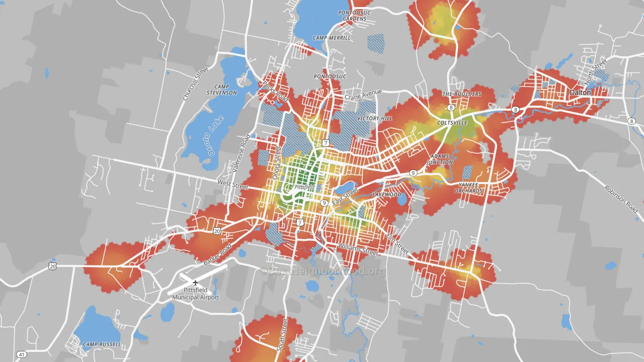 Walk Grade map of 01201, MA, walkable areas in green and car-dependent areas in red