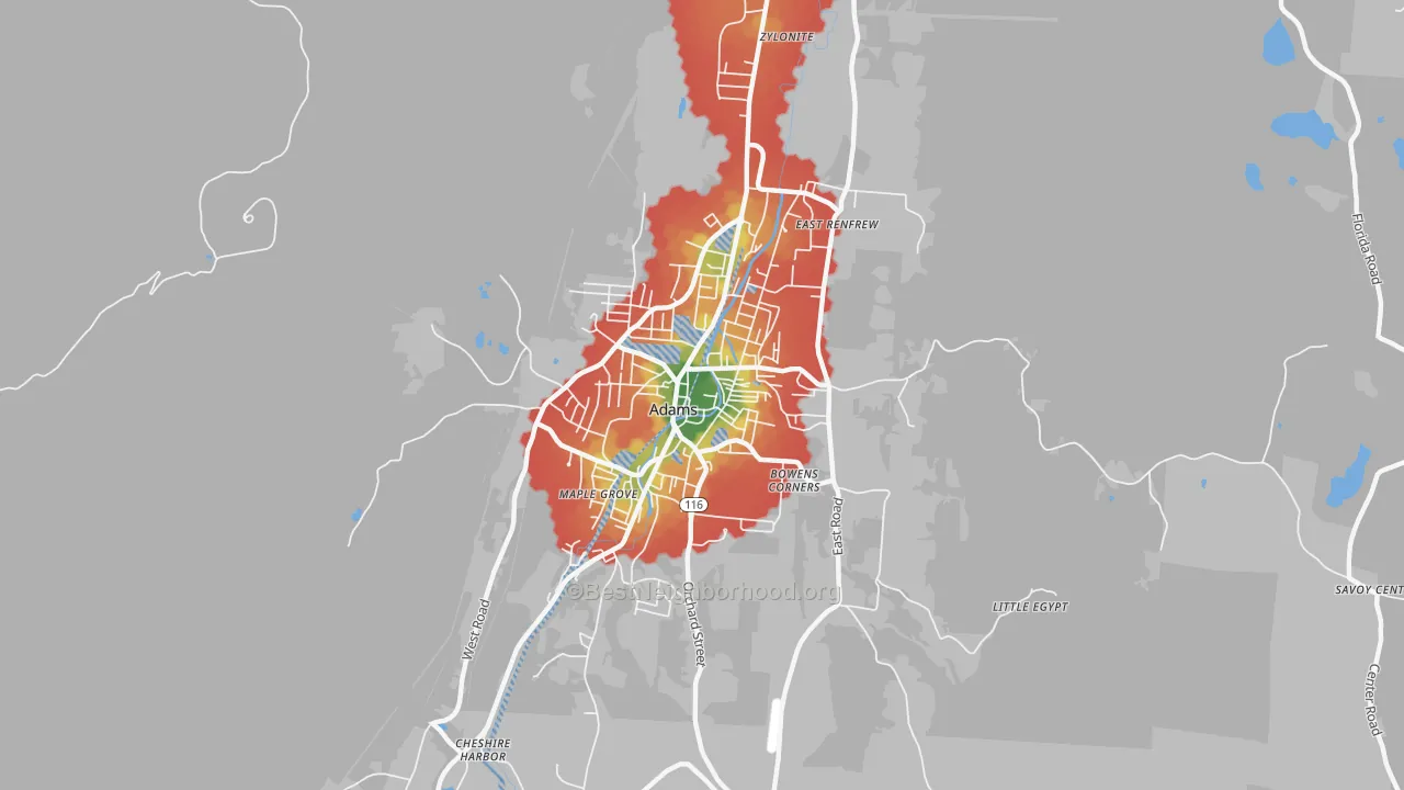 Walk Grade map of 01220, MA, walkable areas in green and car-dependent areas in red