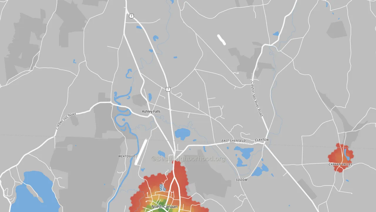 Walk Grade map of 01222, MA, walkable areas in green and car-dependent areas in red