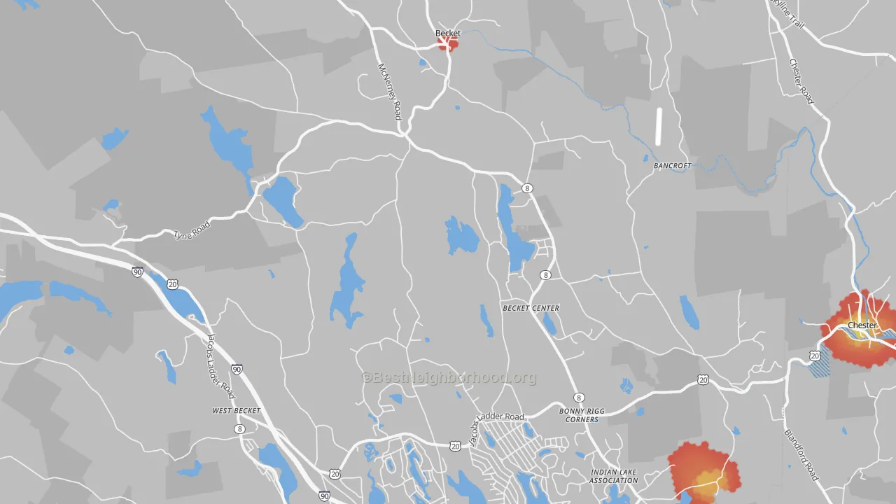 Walk Grade map of 01223, MA, walkable areas in green and car-dependent areas in red