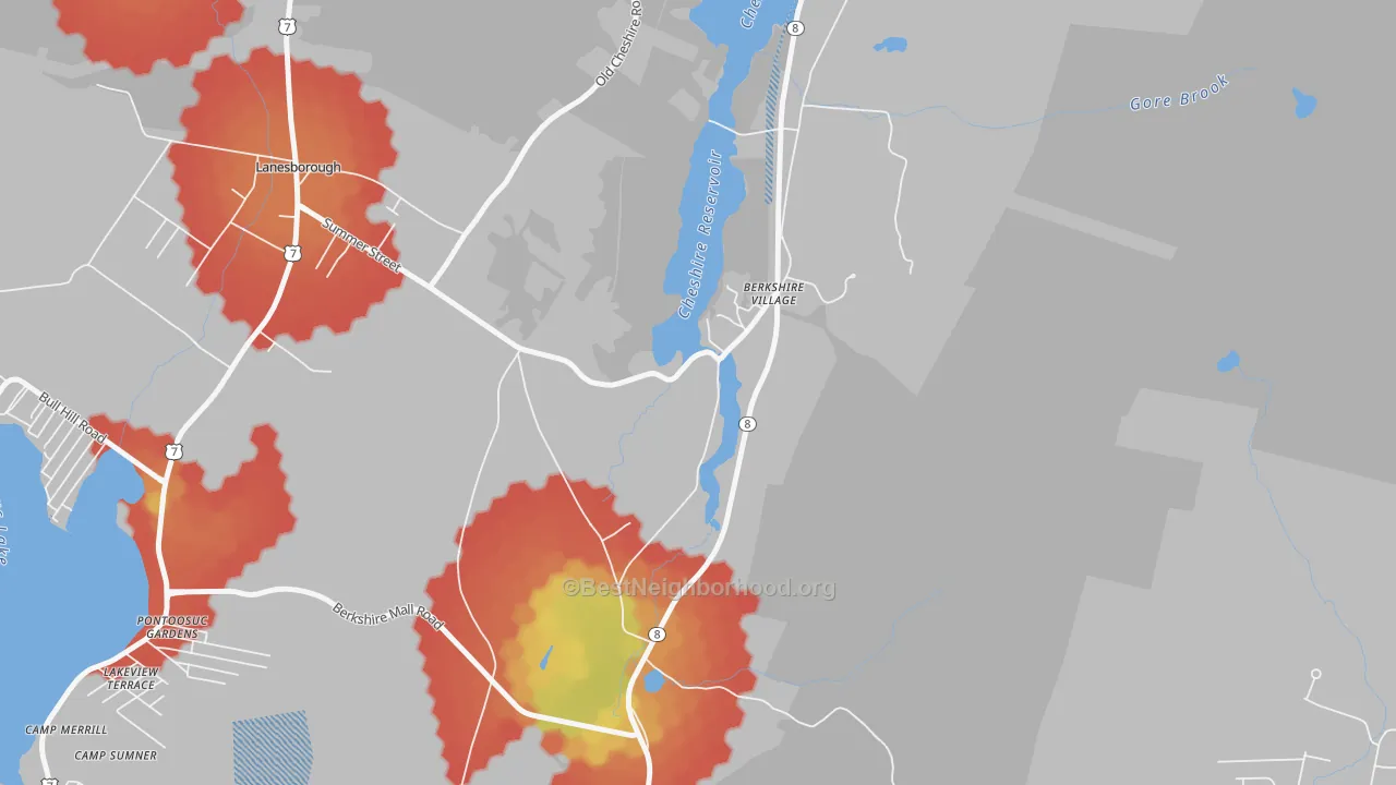 Walk Grade map of 01224, MA, walkable areas in green and car-dependent areas in red