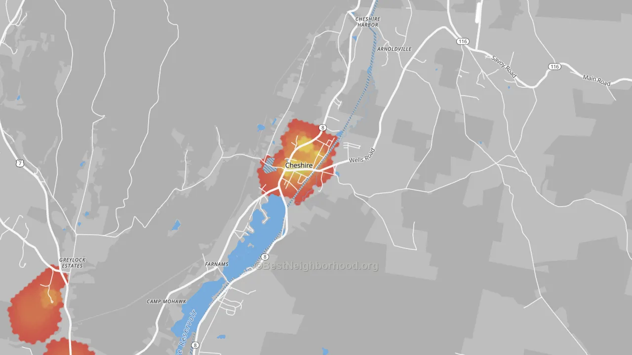 Walk Grade map of 01225, MA, walkable areas in green and car-dependent areas in red