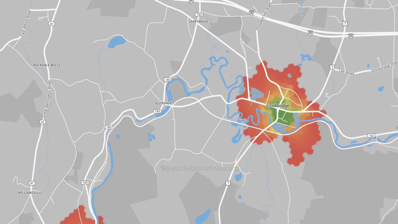 Walk Grade map of 01229, MA, walkable areas in green and car-dependent areas in red