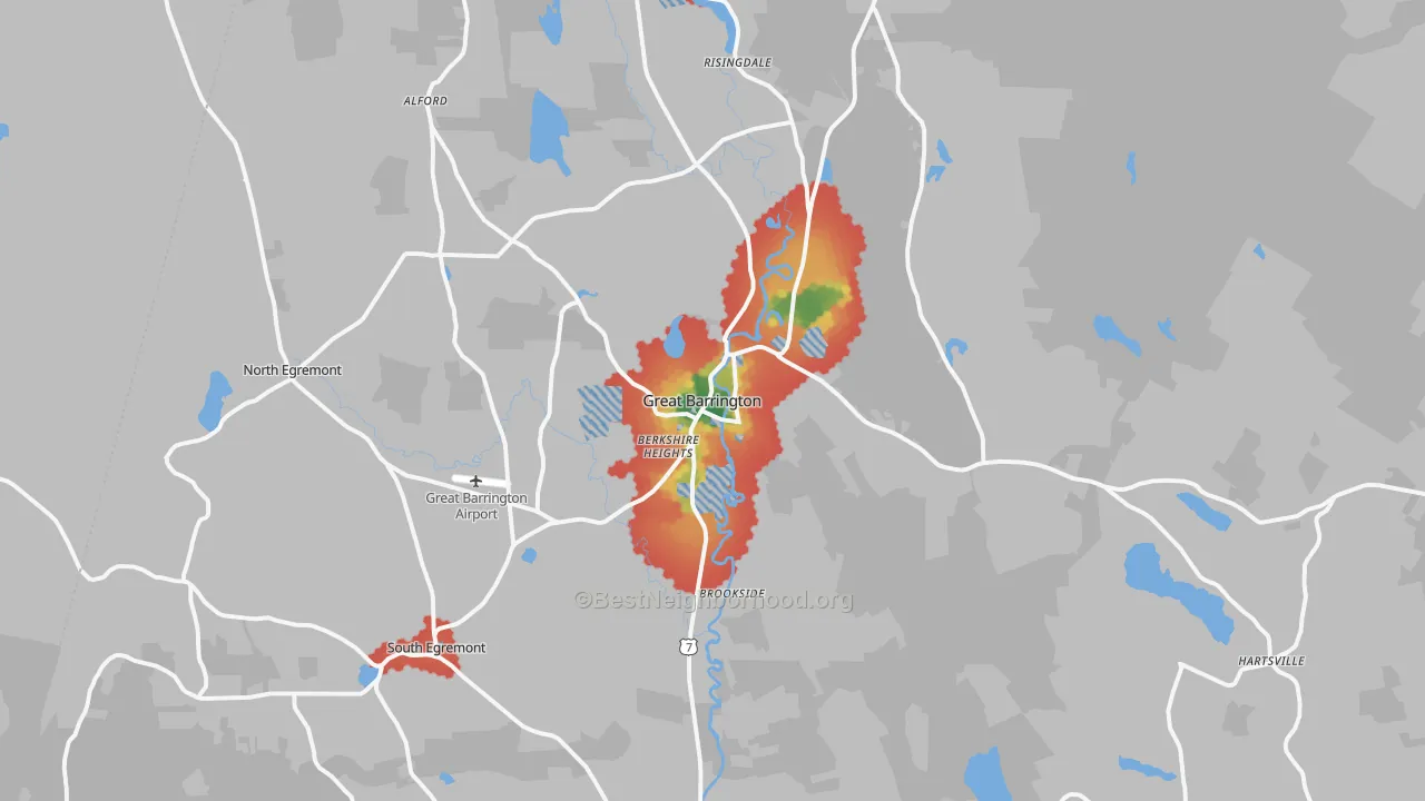 Walk Grade map of 01230, MA, walkable areas in green and car-dependent areas in red
