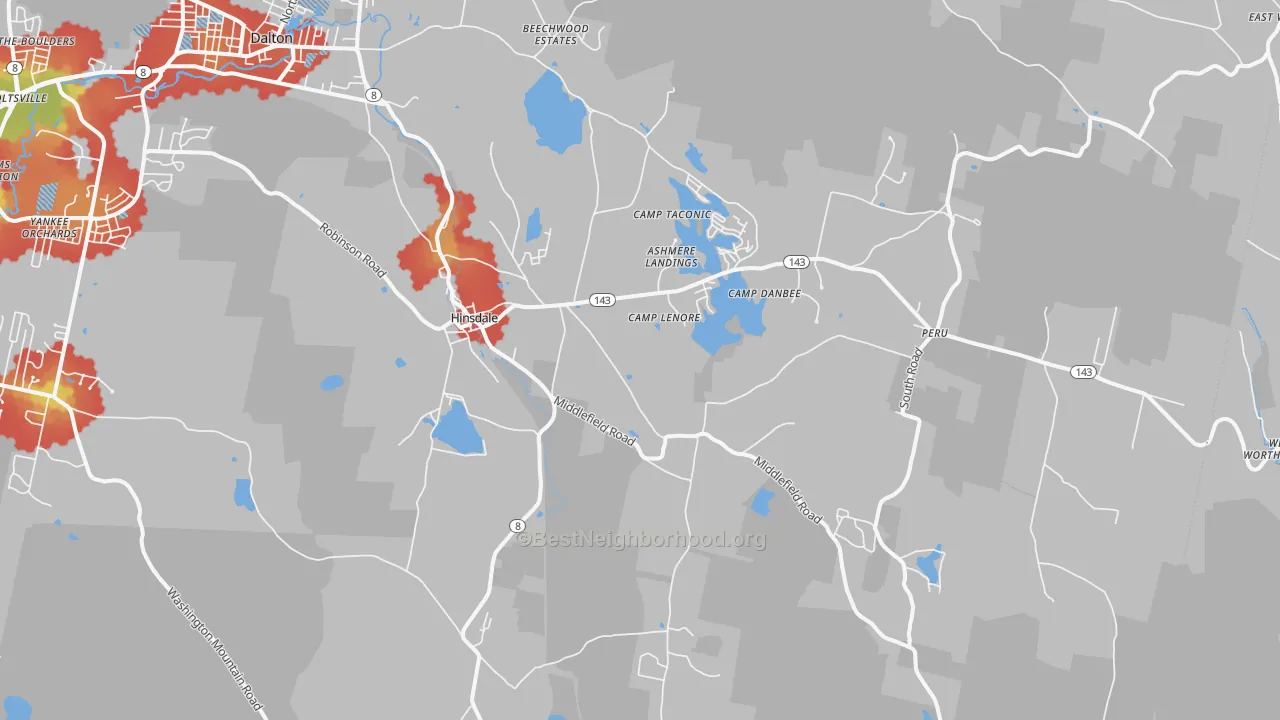 Walk Grade map of 01235, MA, walkable areas in green and car-dependent areas in red