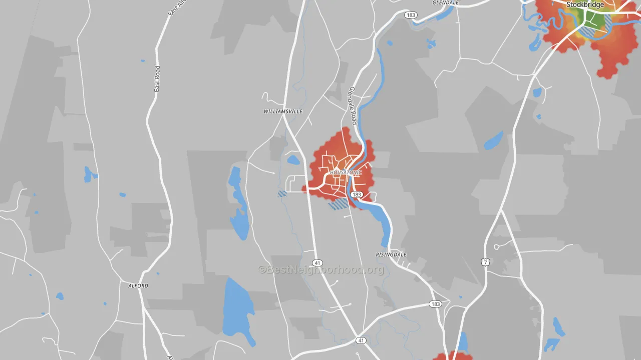 Walk Grade map of 01236, MA, walkable areas in green and car-dependent areas in red