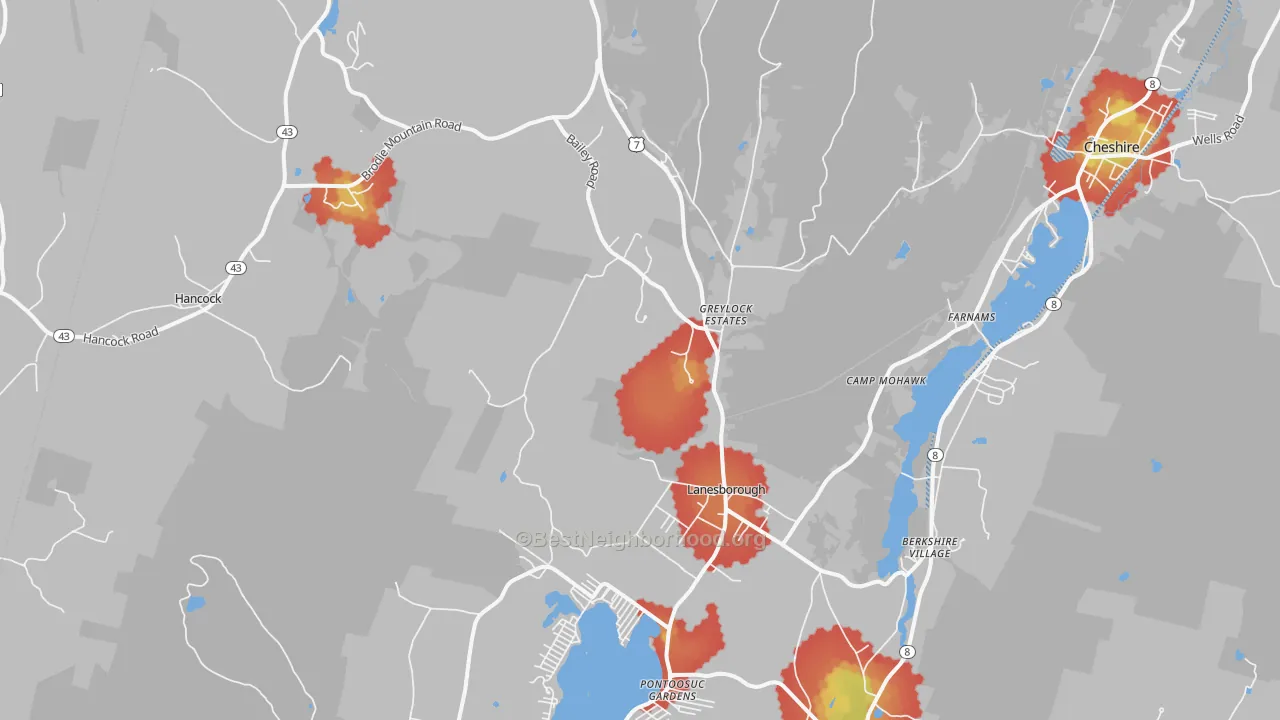 Walk Grade map of 01237, MA, walkable areas in green and car-dependent areas in red