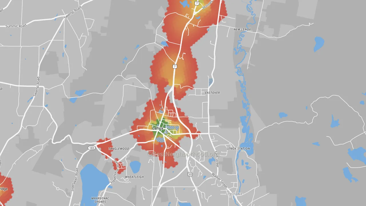 Walk Grade map of 01240, MA, walkable areas in green and car-dependent areas in red