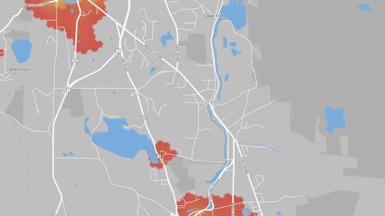 Walk Grade map of 01242, MA, walkable areas in green and car-dependent areas in red
