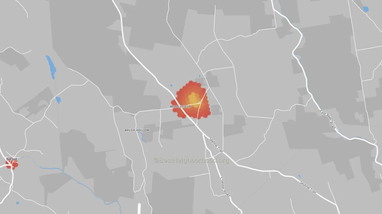 Walk Grade map of 01243, MA, walkable areas in green and car-dependent areas in red