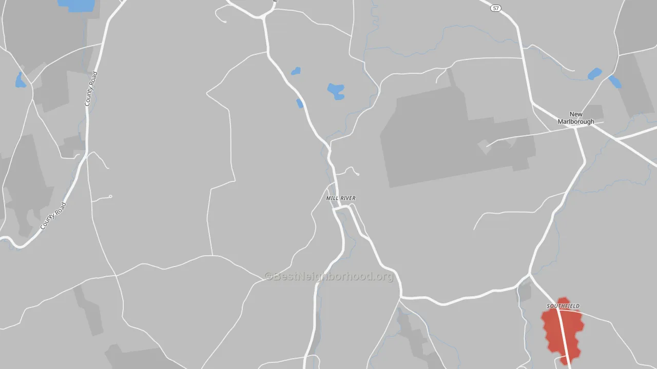 Walk Grade map of 01244, MA, walkable areas in green and car-dependent areas in red
