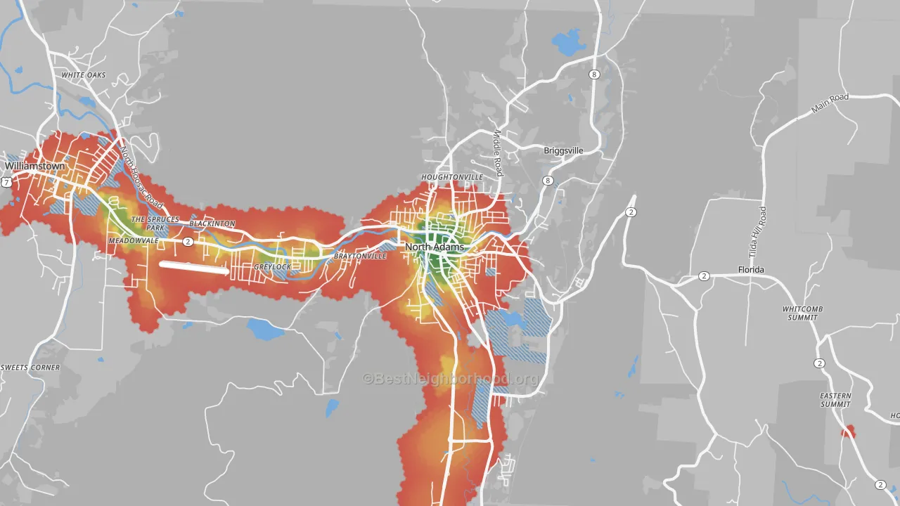 Walk Grade map of 01247, MA, walkable areas in green and car-dependent areas in red