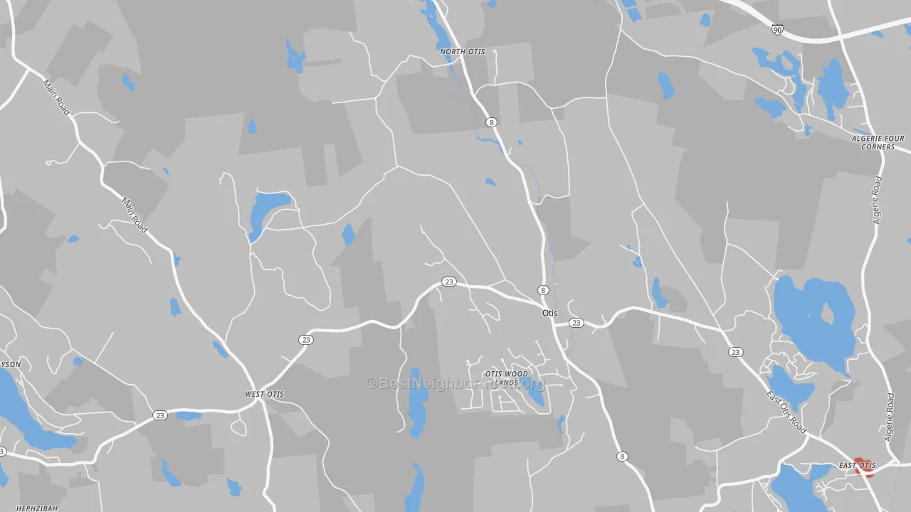 Walk Grade map of 01253, MA, walkable areas in green and car-dependent areas in red