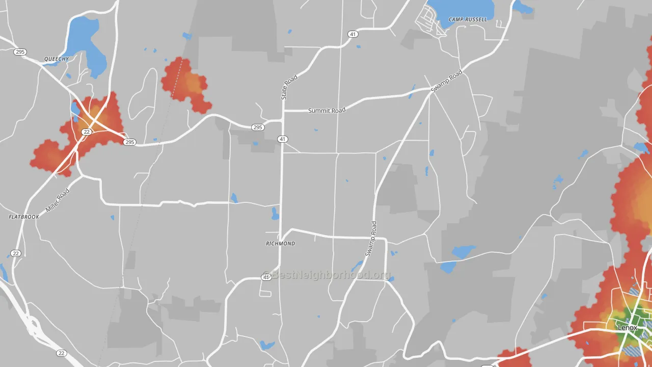 Walk Grade map of 01254, MA, walkable areas in green and car-dependent areas in red
