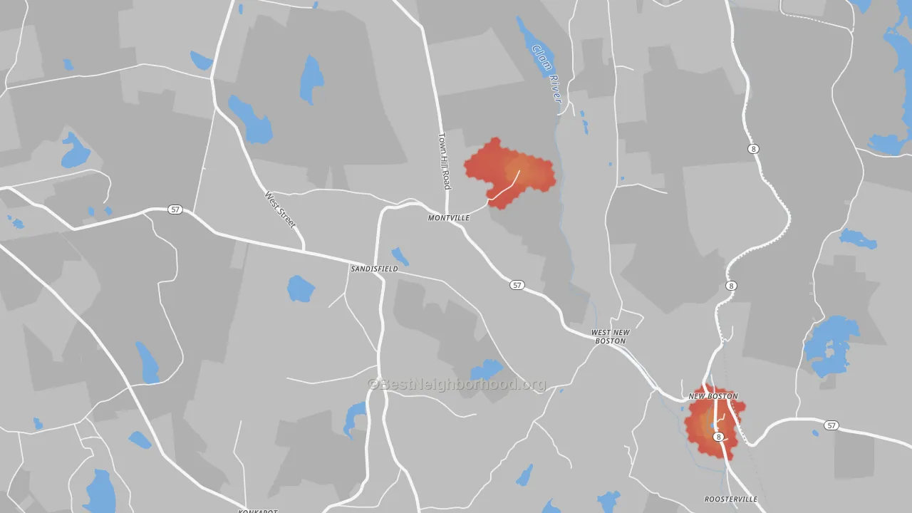 Walk Grade map of 01255, MA, walkable areas in green and car-dependent areas in red