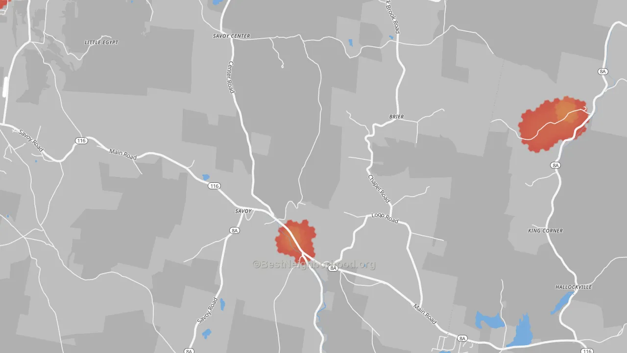 Walk Grade map of 01256, MA, walkable areas in green and car-dependent areas in red