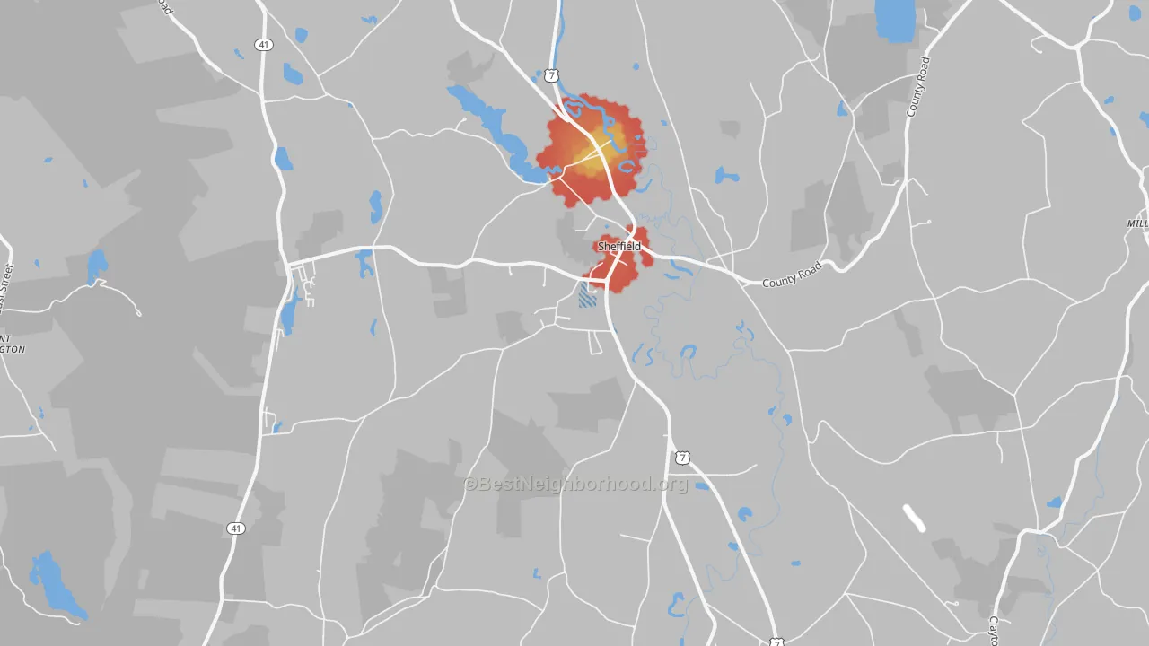 Walk Grade map of 01257, MA, walkable areas in green and car-dependent areas in red