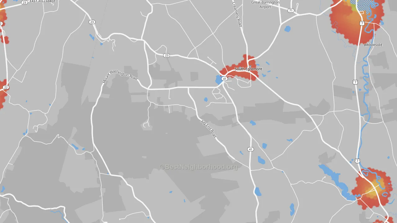 Walk Grade map of 01258, MA, walkable areas in green and car-dependent areas in red