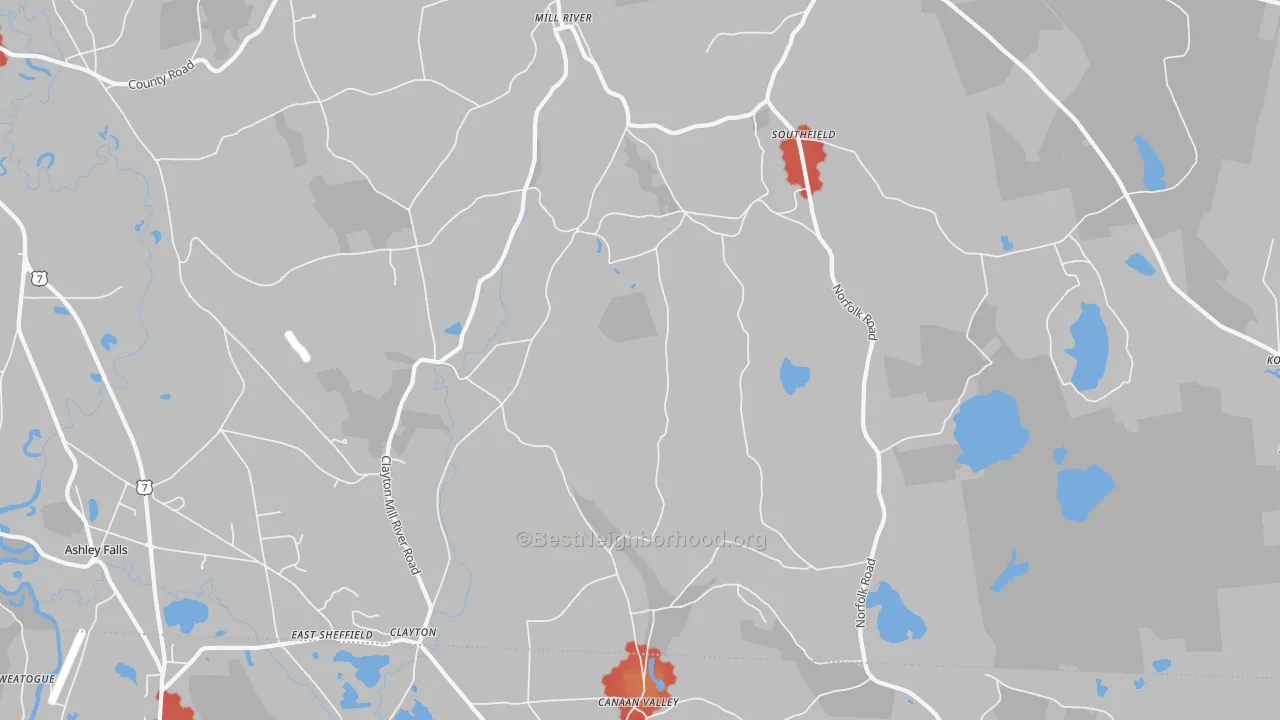 Walk Grade map of 01259, MA, walkable areas in green and car-dependent areas in red