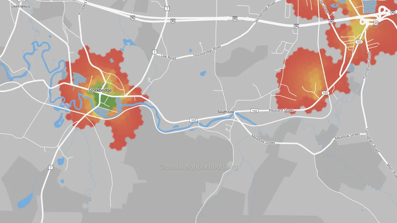 Walk Grade map of 01260, MA, walkable areas in green and car-dependent areas in red