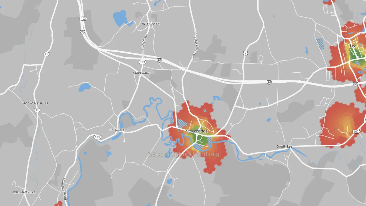 Walk Grade map of 01262, MA, walkable areas in green and car-dependent areas in red
