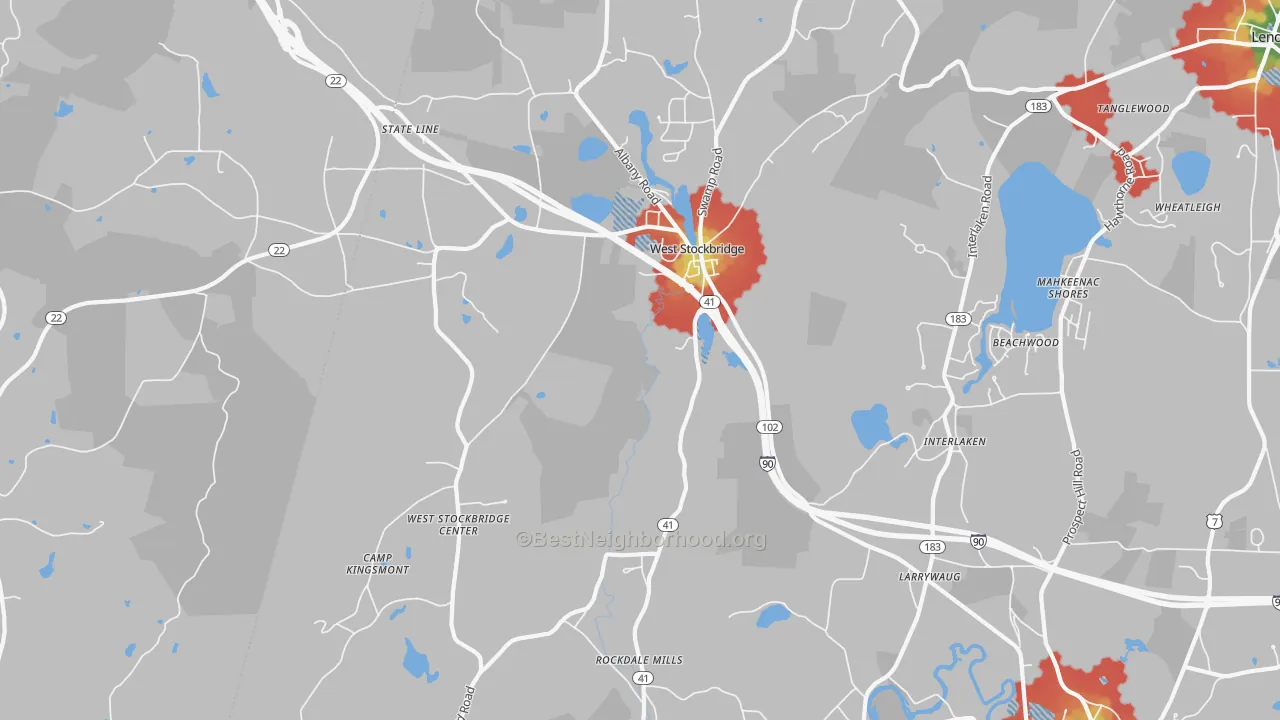Walk Grade map of 01266, MA, walkable areas in green and car-dependent areas in red