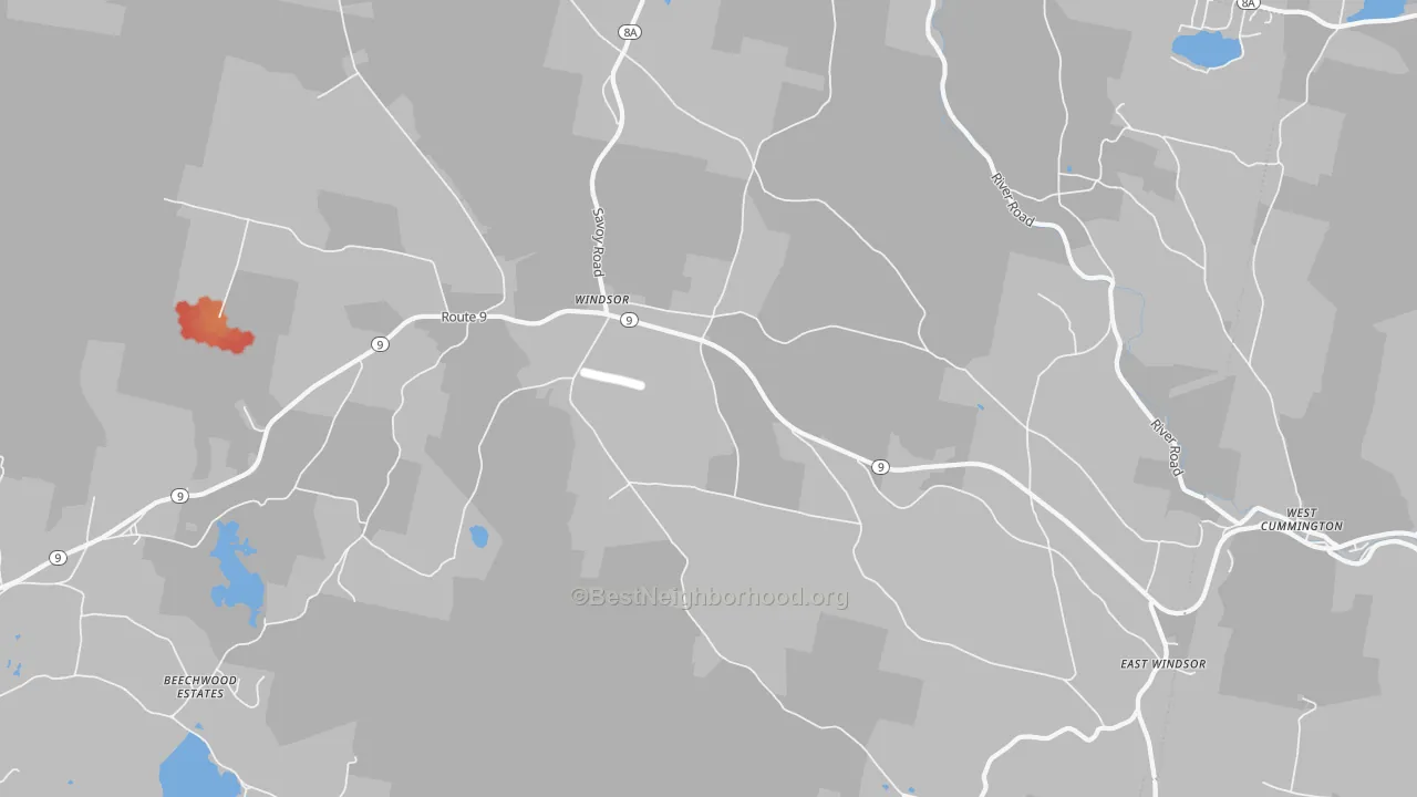Walk Grade map of 01270, MA, walkable areas in green and car-dependent areas in red